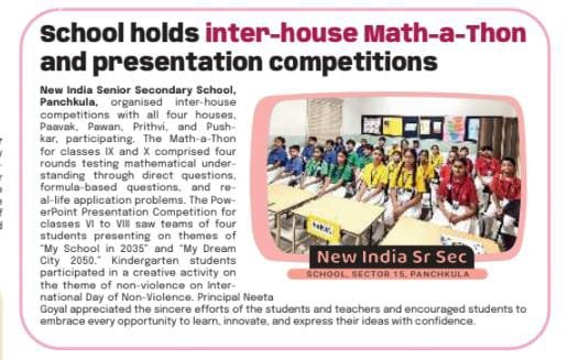 Newspaper clipping featuring New India Senior Secondary School, Panchkula, highlighting Inter-House Math-a-Thon and Presentation Competitions with a group photograph of participating students.