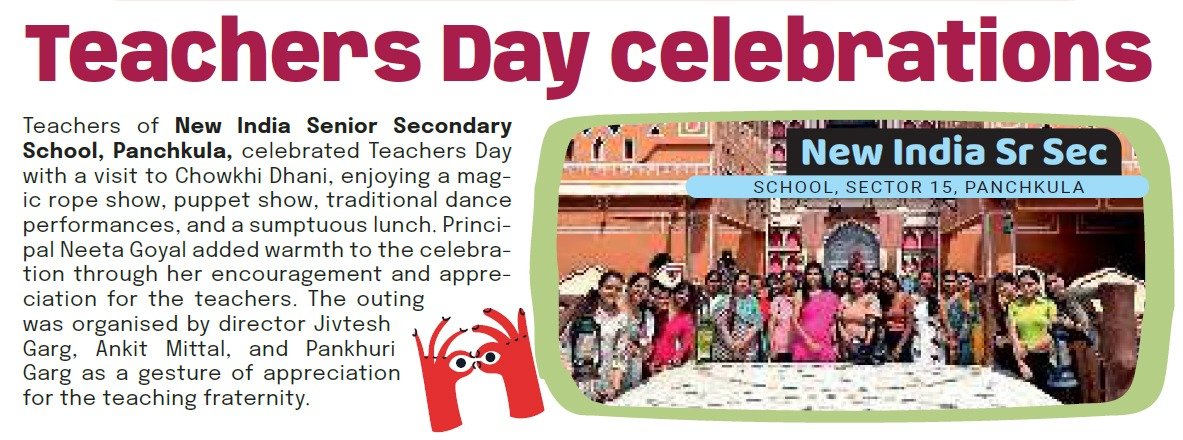 Teachers of New India Senior Secondary School, Panchkula, celebrating Teachers’ Day during a visit to Chowkhi Dhani.