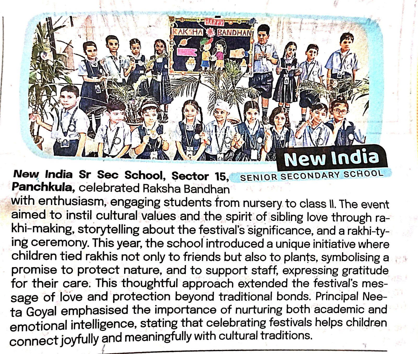 Raksha Bandhan Celebrated with Love & Cultural Values at New India Sr. Sec. School